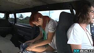 super hot redhead gets fucked on the bus for cash