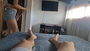 The Maid In Hired Wears Very Tight Shorts To Clean The House I Cant Help But Get Horny And Stroke My Cock In Front Of Her
