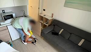 Italian housewife gets spied on by the plumber. His eyes lock on her curves while she rides him hard.