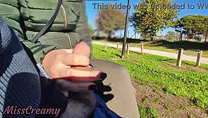 flashing cock in public park with stepdaughter helping cumshot
