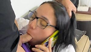 Stepmom deepthroats stepson on phone call 😏