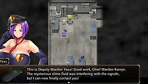 Karryn engages in rough threesome with slime monster and thug in prison hentai.