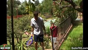 On the tennis court, athletic gay jocks engage in outdoor fucking