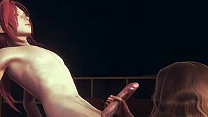 futanari hermi licks and cums in cosplay at japanese university hentai game