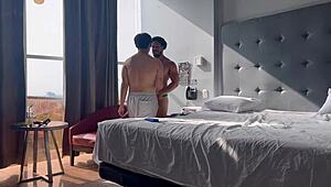 gay fantasy in luxury hotel, black guy fucks beginner college student with monster cock