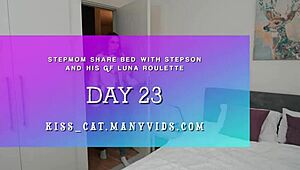 Day 23 - Horny GF Caught Step Son Banging Hot Step Mom in Shared Hotel Bed for 3some Action