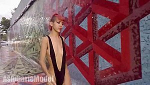 hairy micro bikini tried on in public by skinny beauty