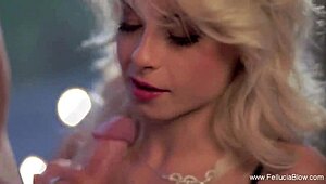 That lovely brunette is sucking and blowing the cock so lively.