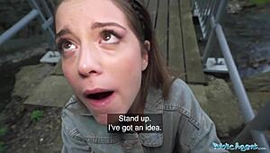 Public agent drills her deep with fat cock in open spot.