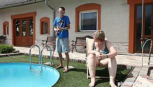 bbw femdom face sits submissive guy, saying clean the pool