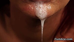 damn, this slutty hottie gets cum all over her face sucking every drop!