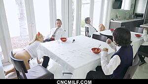 bbw stepmom bends for stepson and husband