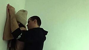 Quick public fuck with classmate in the entrance, cum in mouth