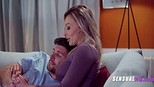 busty girlfriend offers sensual birthday sex with blowjob and kissing