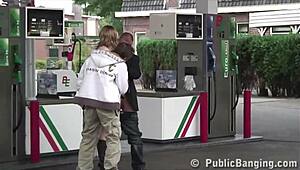 Very Pregnant Girl in Public Gangbang Threesome at Gas Station