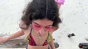 Imagine a golden shower on a beautiful teen's face at the beach