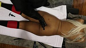 Orgasmic Black Beauty in Fishnets Uses Anal Toys on Desk for Intense Climax