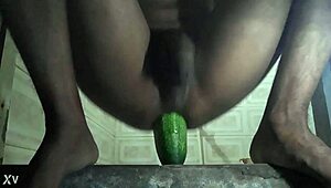 Horny gay says, 'fuck my pussy with that cucumber'