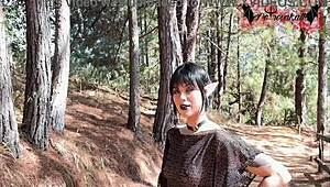 Gothic Elf Masturbating In The Forest With Dildo, Holy Hell!