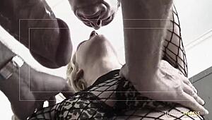 Blonde milf in stockings sucks cock before banging two guys doggystyle for cumshot