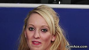 sexy model sucks cum in blowbang, gets facial 😋