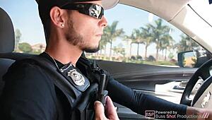 Kelsi Monroe runs from police in bondage scene.