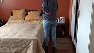 Maid's husband jerks off watching me dress for work!