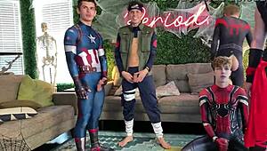 Young gay guys in spandex suits ready for gay sex