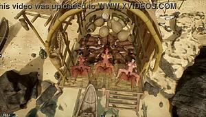 beach shack group scene with synthwave music beats