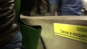 Spying on a chubby girl touching her brown nylon jacket on the street