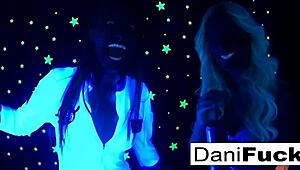 Sexy brunette pornstar Dani enjoys a threesome with black guy, blowjobs, and cum on tits