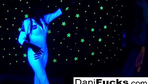 Sexy brunette pornstar Dani enjoys a threesome with black guy, blowjobs, and cum on tits