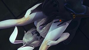 Yaoi femboy furry Anubis dogboy and Mew catboy bang bunnyboy in hard threesome.