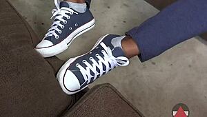 Submissive Ebony Model Ordered to Flash Her Ass in Tight Jeans and Sneakers.