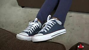 Submissive Ebony Model Ordered to Flash Her Ass in Tight Jeans and Sneakers.