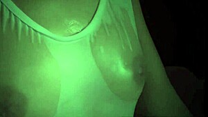 Ava Parker, petite redhead teen, competes in a sensual wet t-shirt game with her lover.