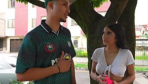 big cock latino guy fucks petite girl outdoors, making her scream?