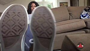 Submissive Ebony Model Ordered to Flash Her Ass in Tight Jeans and Sneakers.