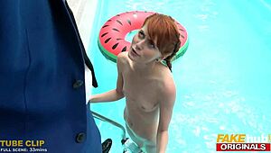 Fakehub's skinny 18yr redhead sneaks into neighbor's pool for hardcore pounding.