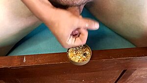 amateur gay twink covers food with cum in sexy fetish play