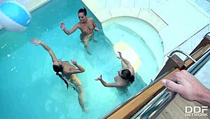 hey, 3 stunning bombshells sharing 1 cock by the pool