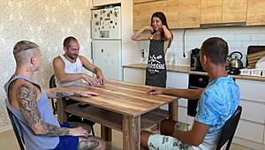 Lost His Young 18+ Wife at Cards, Stretched Her Tight Pussy on Kitchen Table