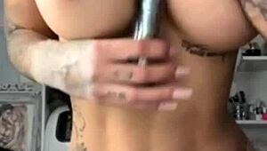 horny joi with dildo and titjob playing with fake tits