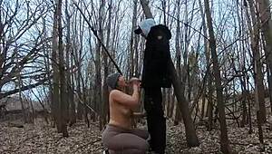 Topless thick girl sucks cock in the park with big tits