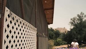 Skinny beautiful brunette lesbian babe with small tits enjoys oral girl-on-girl action.