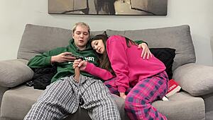 step brother jerks off to porn beside step sister, but she grabs his cock for a handjob instead