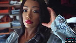 Big booty ebony babe Harley Dean teases in jeans. Her solo striptease for Playboy shows big tits.