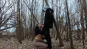 Topless thick girl sucks cock in the park with big tits