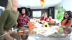 Feeling the heat in a sloppy interracial foursome with teen friends after dinner.