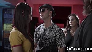 This brunette group engages in deepthroat and riding in a taboo threesome.